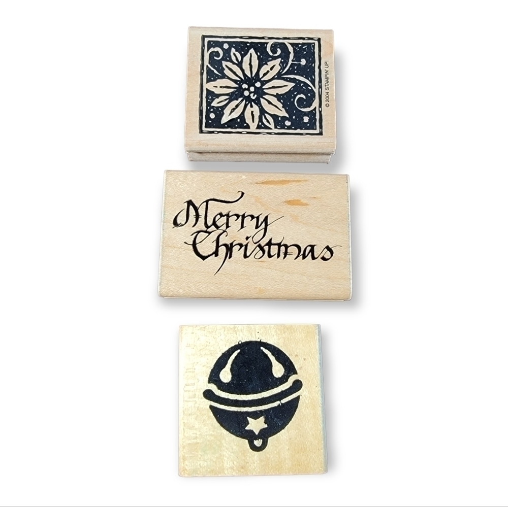 Lot of 3 wooden block rubber stamps Christmas Theme Merry Poinsettia Bell